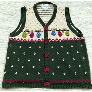 Vintage Quaker Factory Sweater Vest Women 1X Green Cardigan Knit Mittens Winter